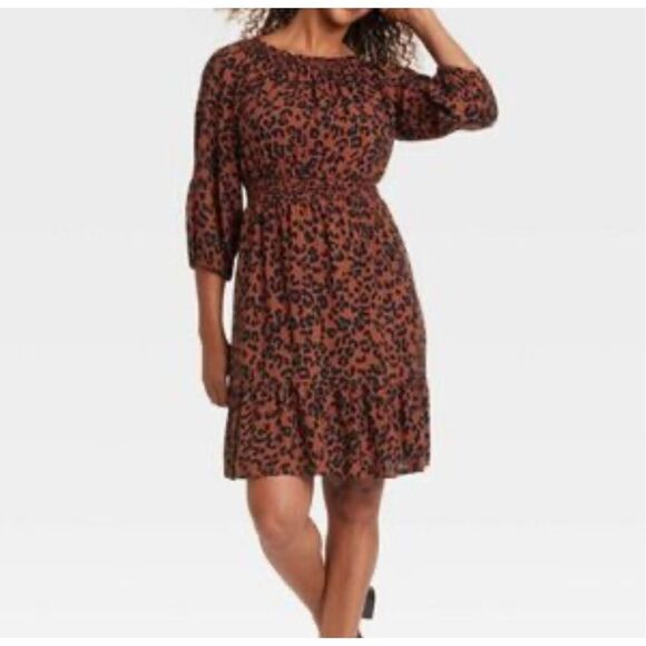 KNOX ROSE Dress Size Large Smocked Elastic Waist Animal Print Rust Large Fall - Picture 14 of 14